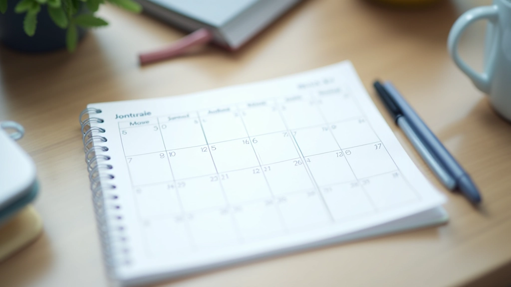 Calendar and timeline notebook showing weekly check-in dates marked with pen, organized planning system