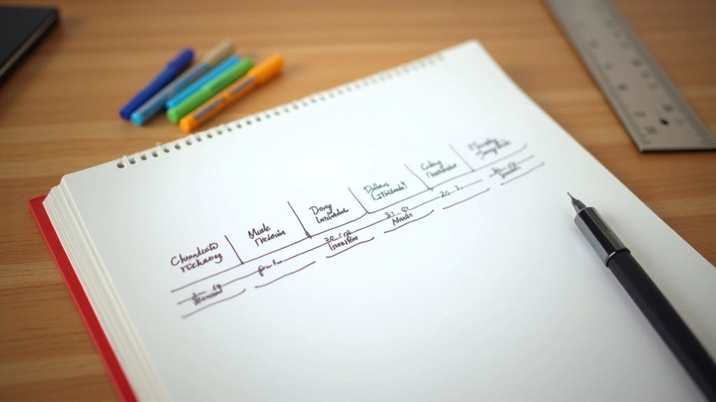 Notebook with milestone timeline sketched on blank pages with colored markers and ruler