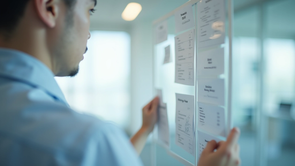 Person reviewing task board with cards arranged in columns for different sprint stages