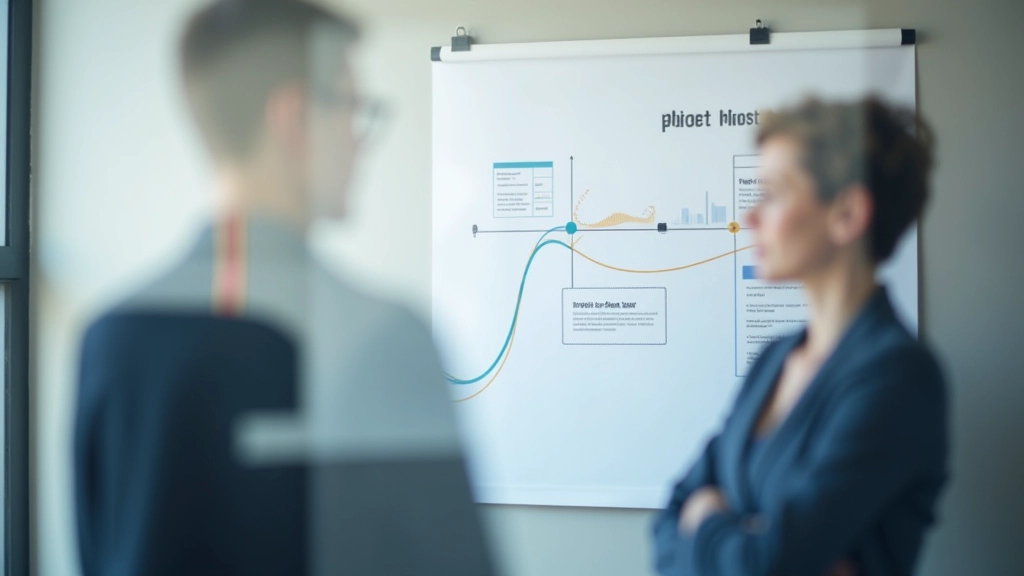 Project timeline showing three major milestones marked with flags on a horizontal planning chart with team members reviewing it