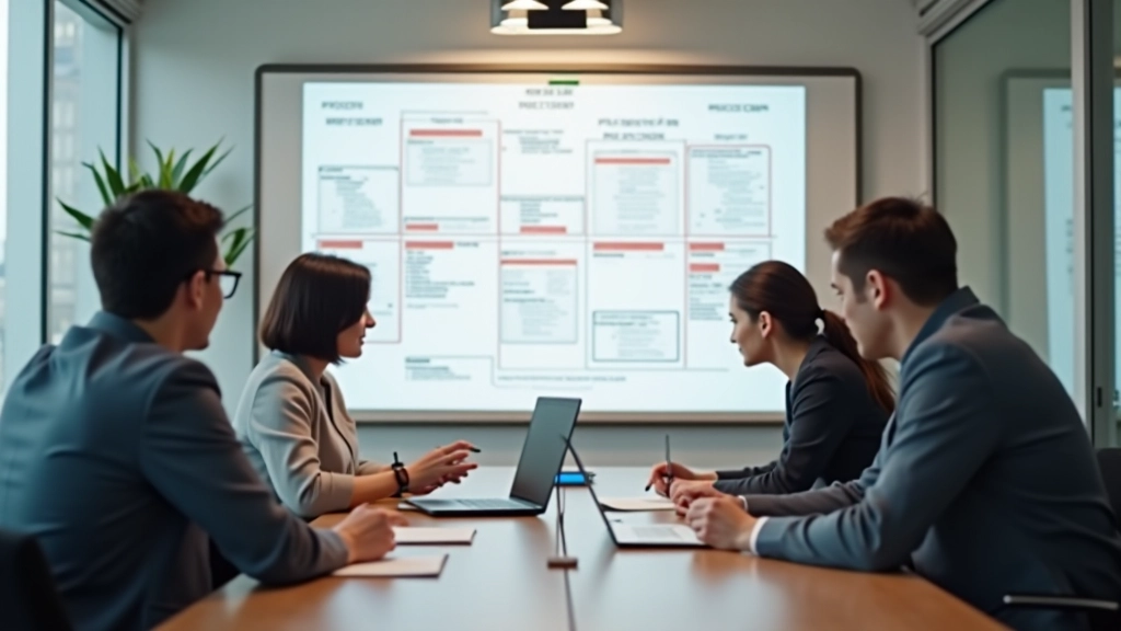 Team members collaborating on sprint planning with project timeline visible on whiteboard and laptop showing task dashboard