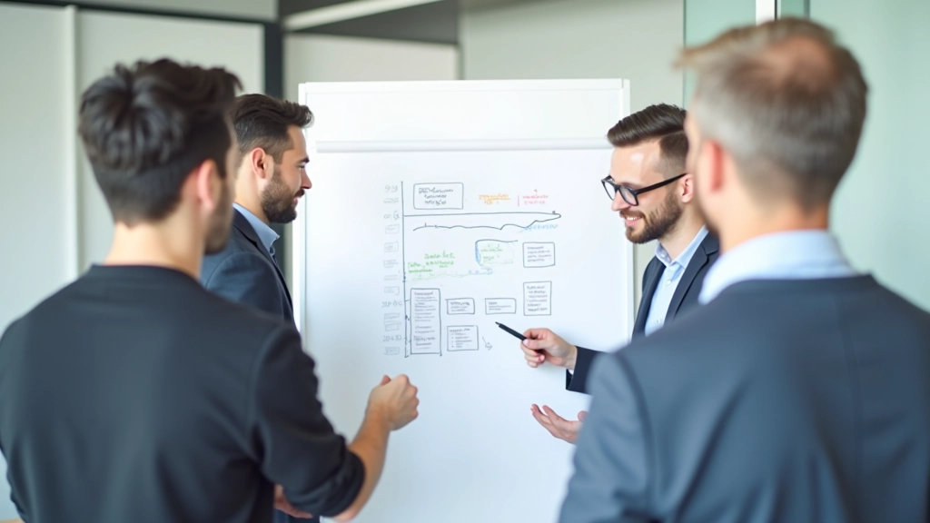 Team members reviewing progress metrics on a whiteboard with hand-drawn charts and timeline notes