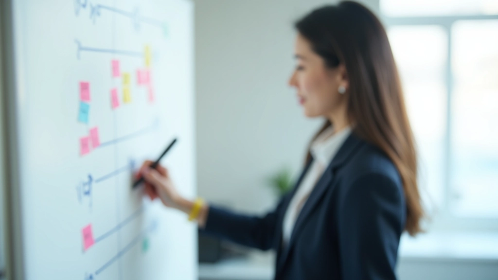 Startup founder writing milestone dates on whiteboard with different colored markers, planning calendar visible in background